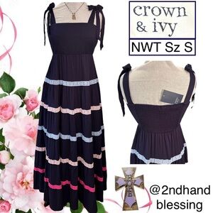 Crown & Ivy Black Tiered Maxi Dress with Pastel Lace Trim - Sz S
